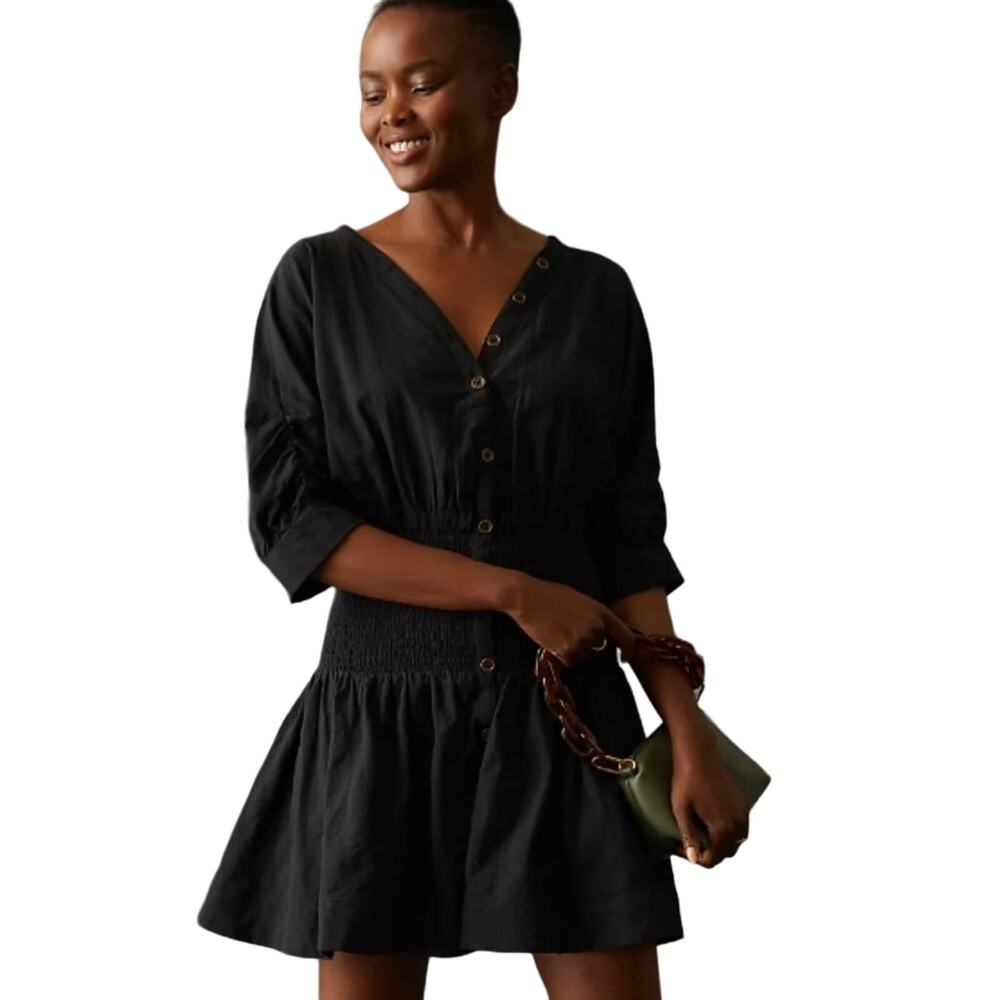 Maeve Anthropologie Black Puff Sleeve Smocked Open Back Cotton Mini Dress L - Picture 2 of 13